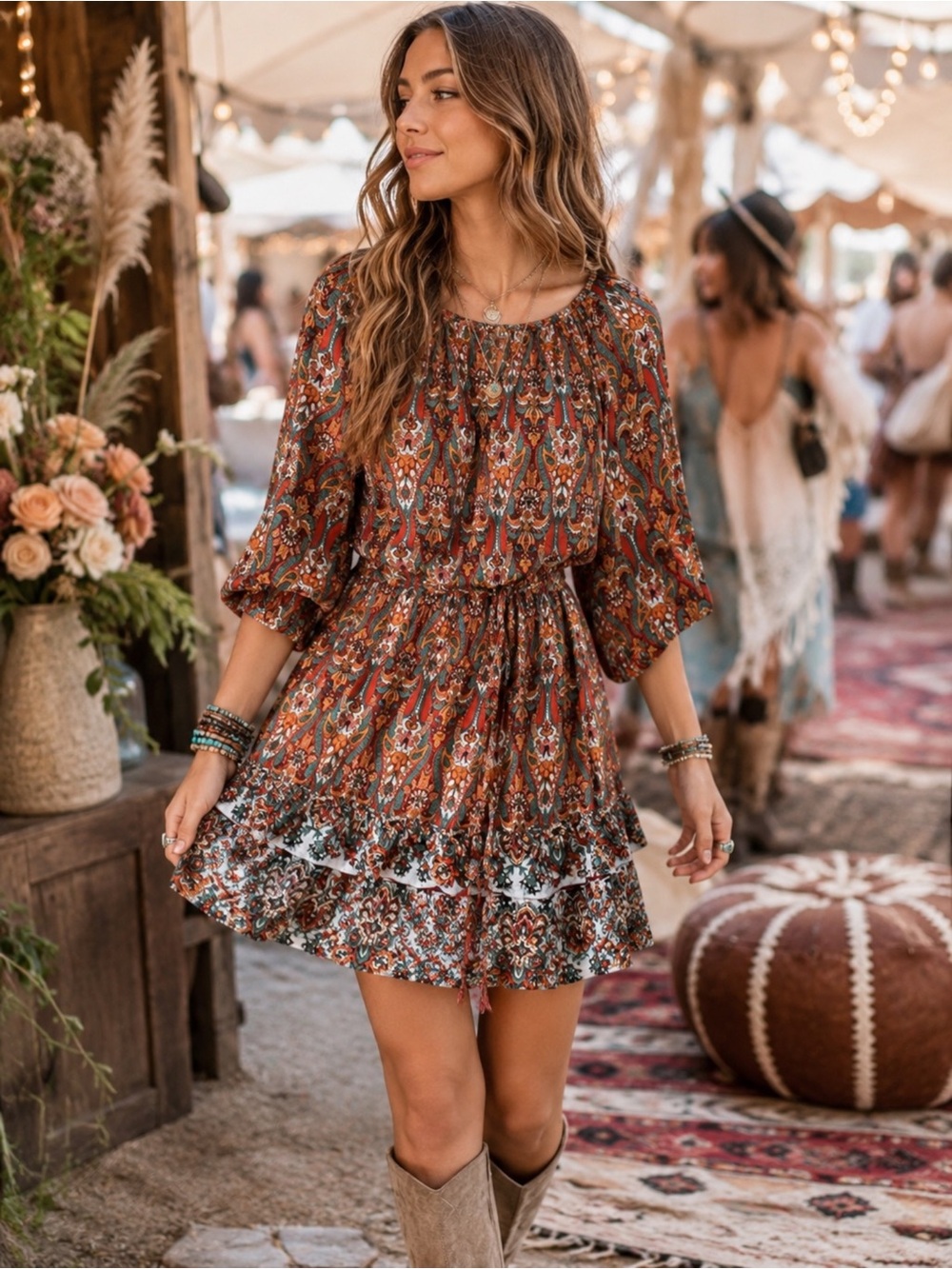 Hailey & Co Boho Paisley Peasant Mini Dress Balloon Sleeves Tiered Tassel Sz L